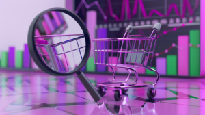 a shopping cart and magnifying glass in front of a Shopify store chart showing dynamic pricing