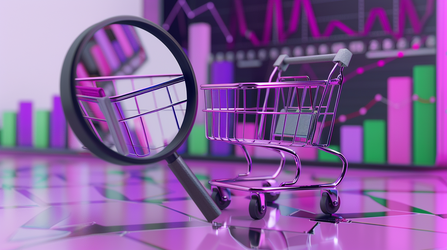 a shopping cart and magnifying glass in front of a Shopify store chart showing dynamic pricing