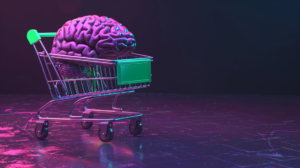 psychological pricing depicted with a cartoon brain in a shopping cart