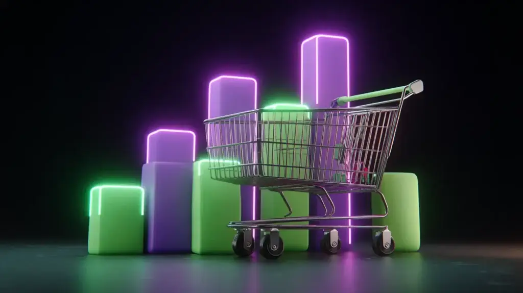 shopping cart in front of a fluctuating bar chart