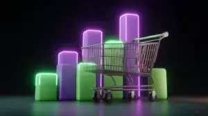 shopping cart in front of a fluctuating bar chart